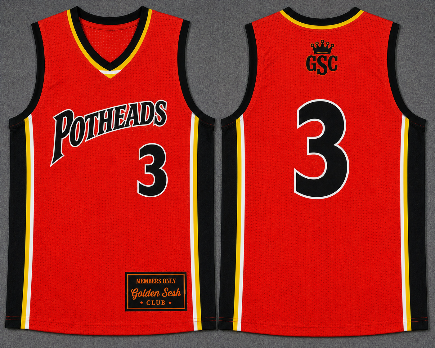 POTHEADS 3 Jersey — Red/Black/Yellow — Flat Lay Front & Back