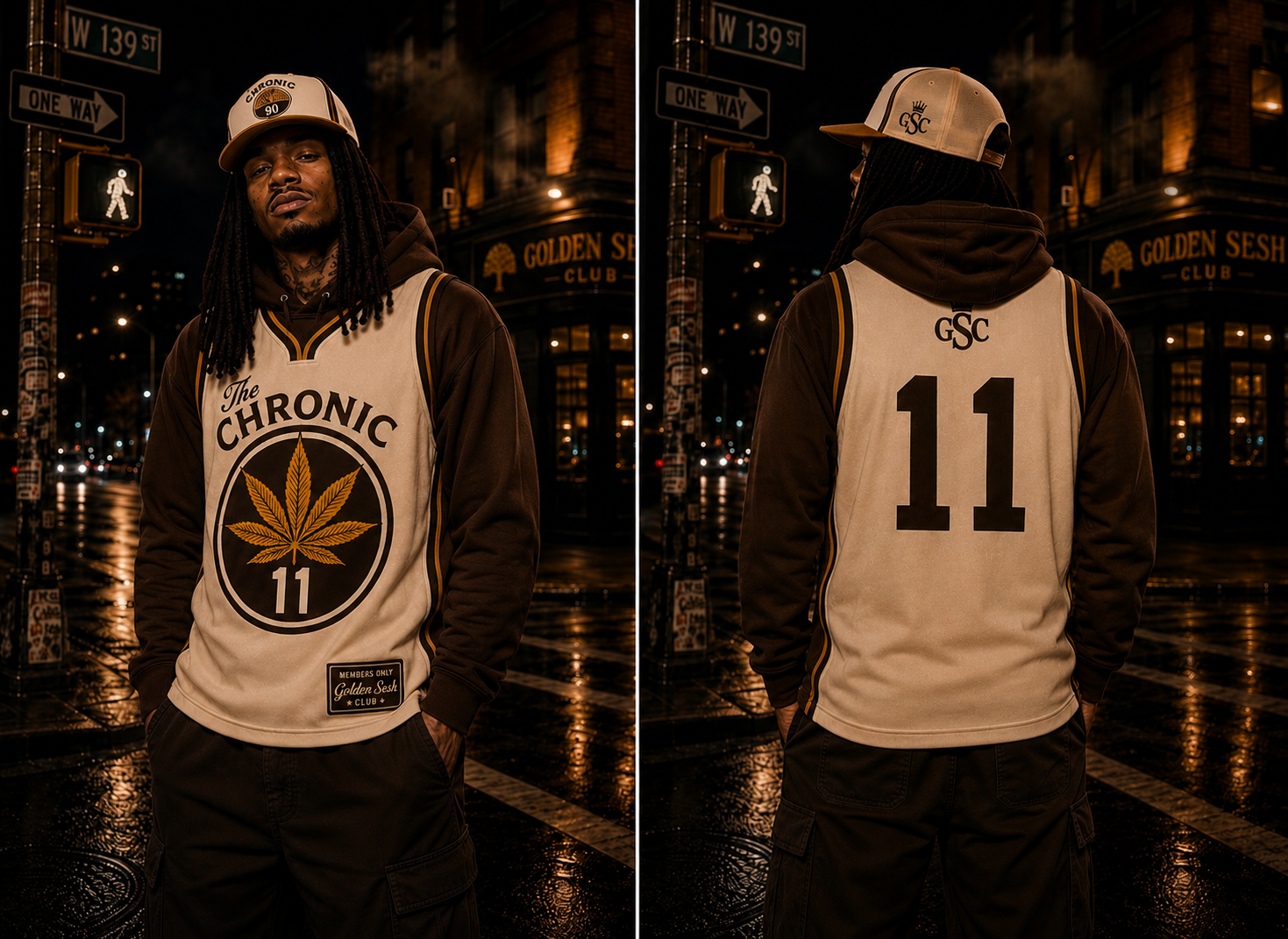 The Chronic 11 Jersey — Tan/Brown/Gold front and back model view, Golden Sesh Club Members Only streetwear