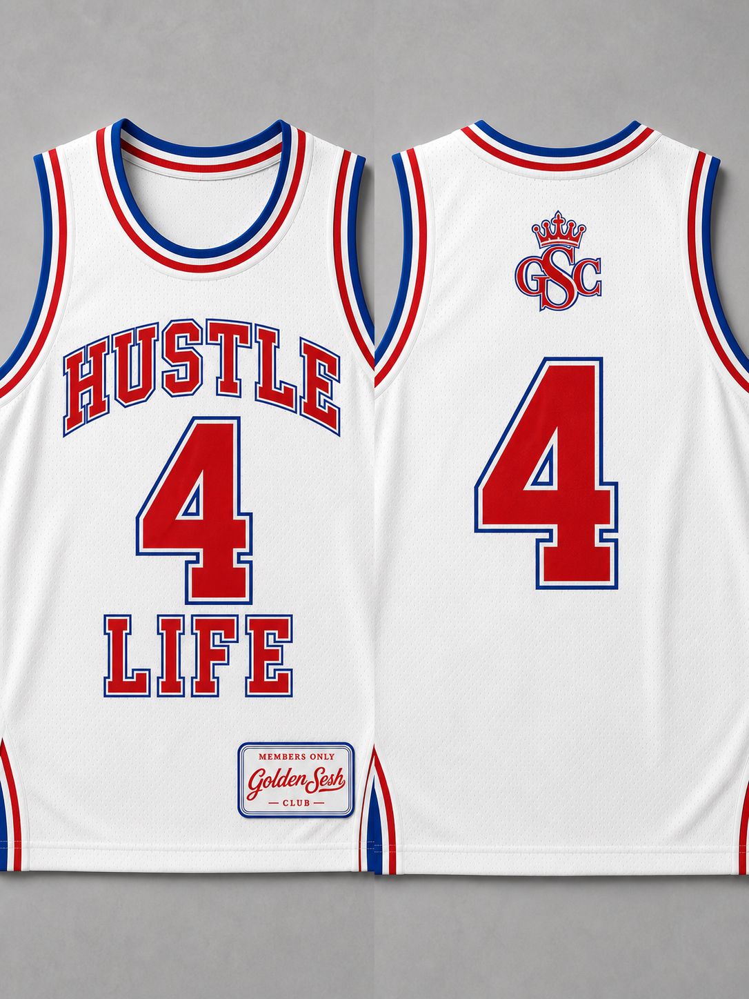 Hustle 4 Life Jersey - Flat front and back on luxury grey background