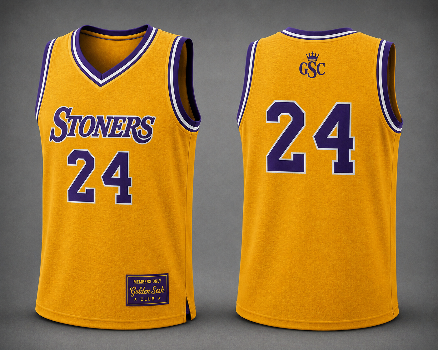 STONERS 24 Jersey Yellow Purple White - Front and Back Mockup