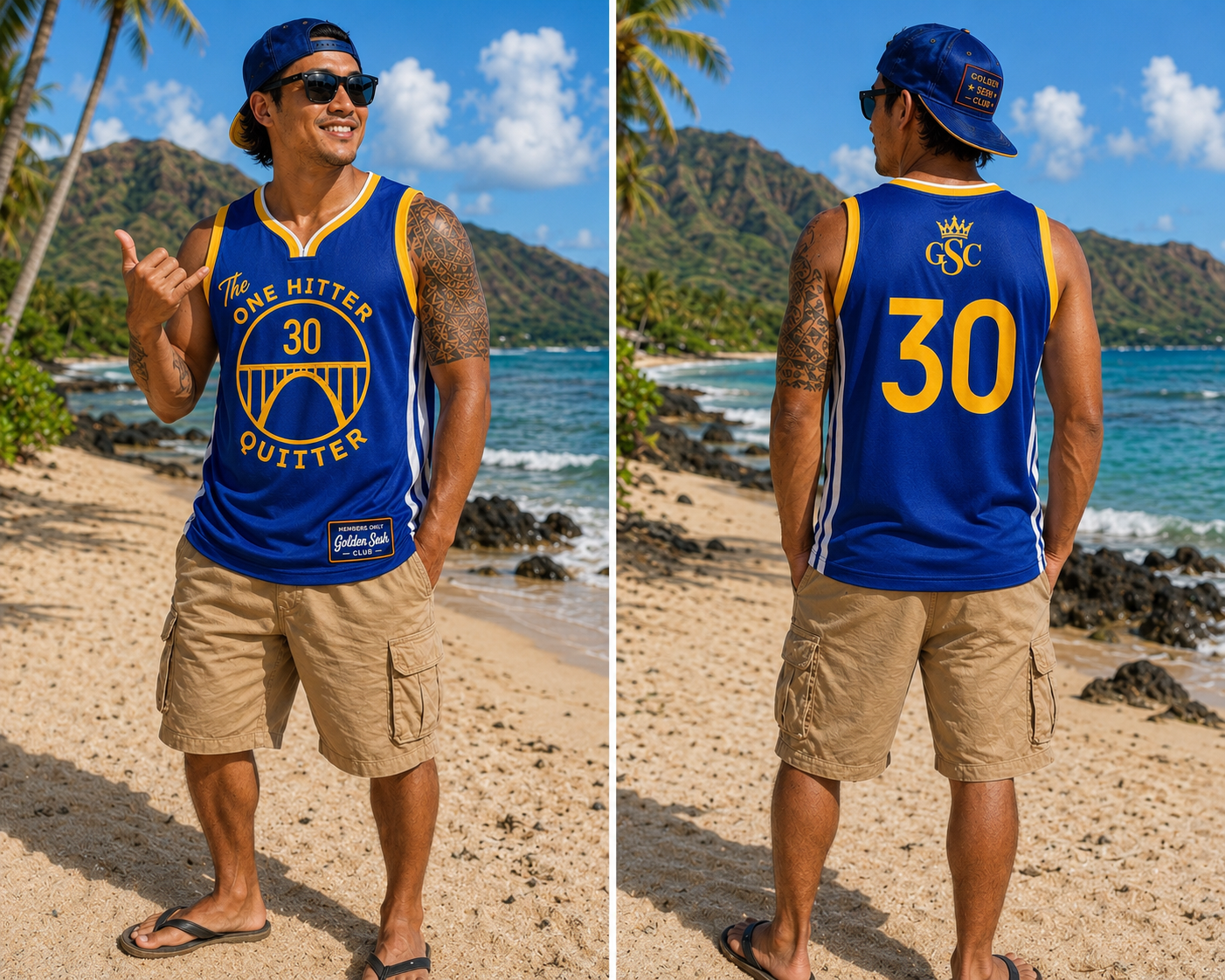 THE ONE HITTER QUITTER 30 Jersey — Front & Back Model Beach Split