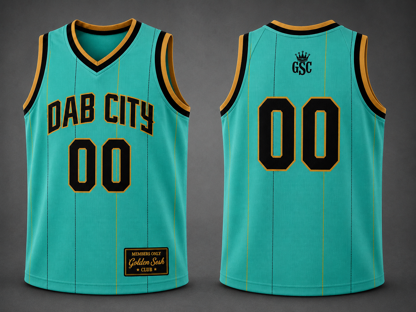 DAB CITY 00 Jersey Teal Black Gold - Front and Back Mockup
