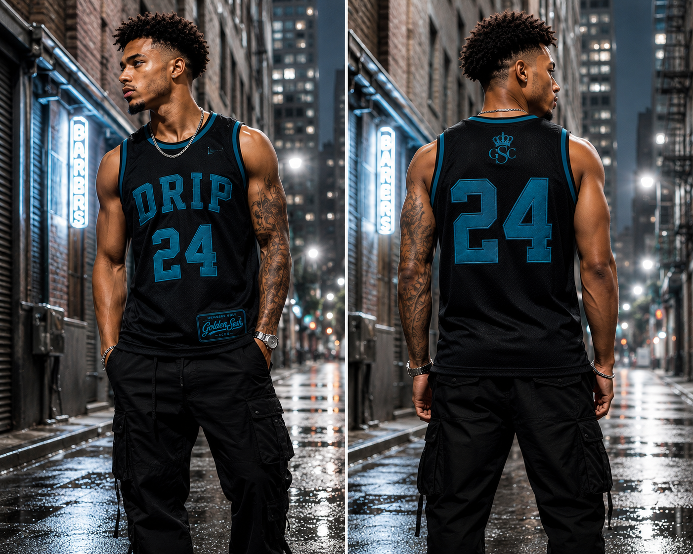 DRIP 24 Jersey Black/Teal - Front and back model shot