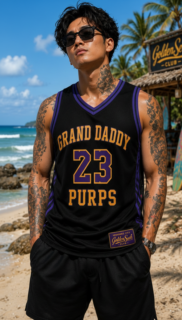 GRAND DADDY PURPS 23 Jersey — Front Model Beach Shot