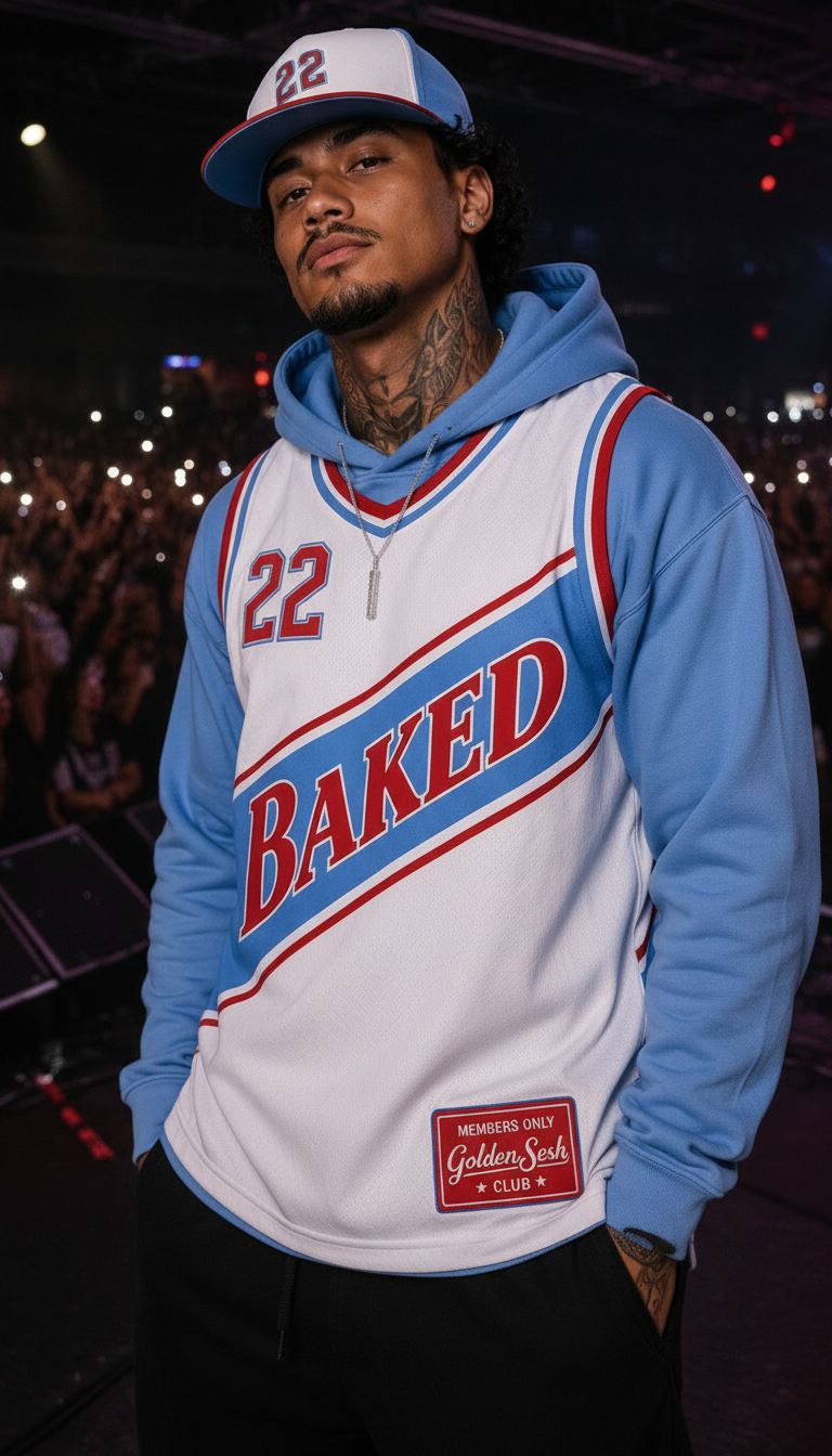 BAKED 22 Jersey — White/Powder Blue/Red model front only, Golden Sesh Club Members Only streetwear