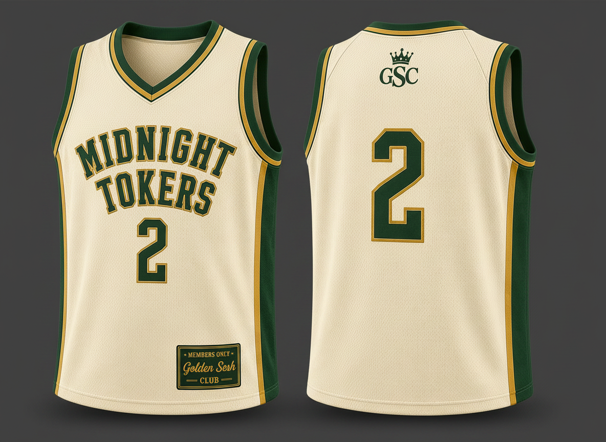 MIDNIGHT TOKERS 2 Jersey — Cream/Green/Gold flat lay luxury grey background, Golden Sesh Club Members Only streetwear