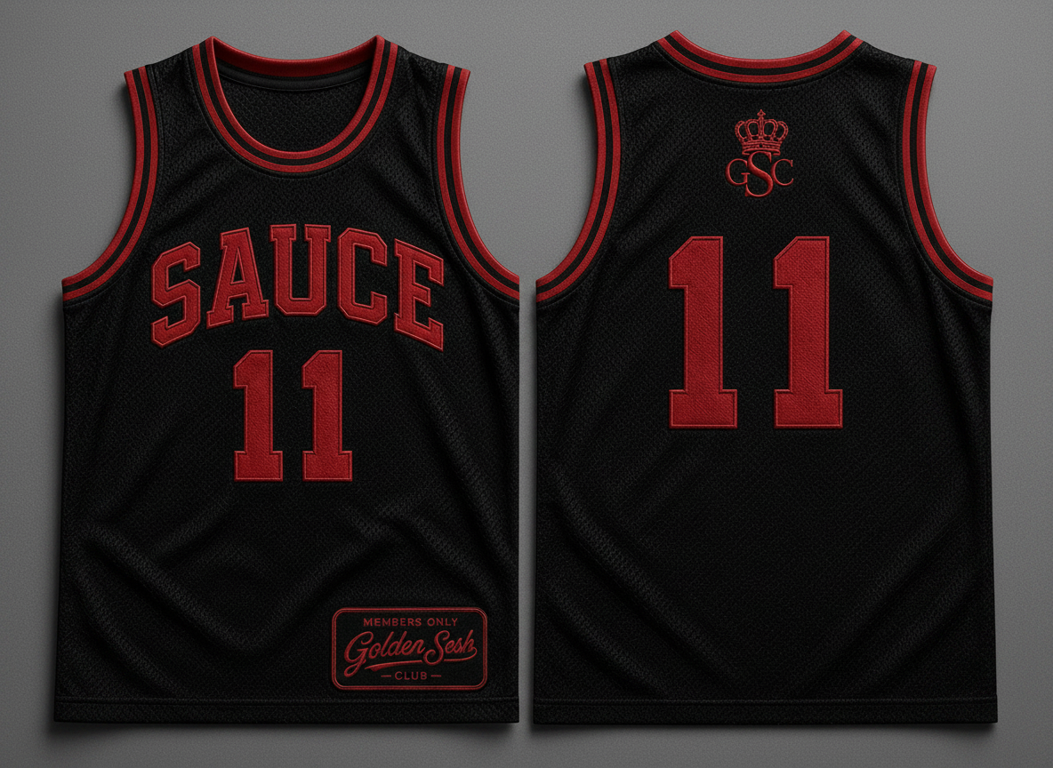 SAUCE 11 Jersey Black/Crimson - Flat lay luxury grey background