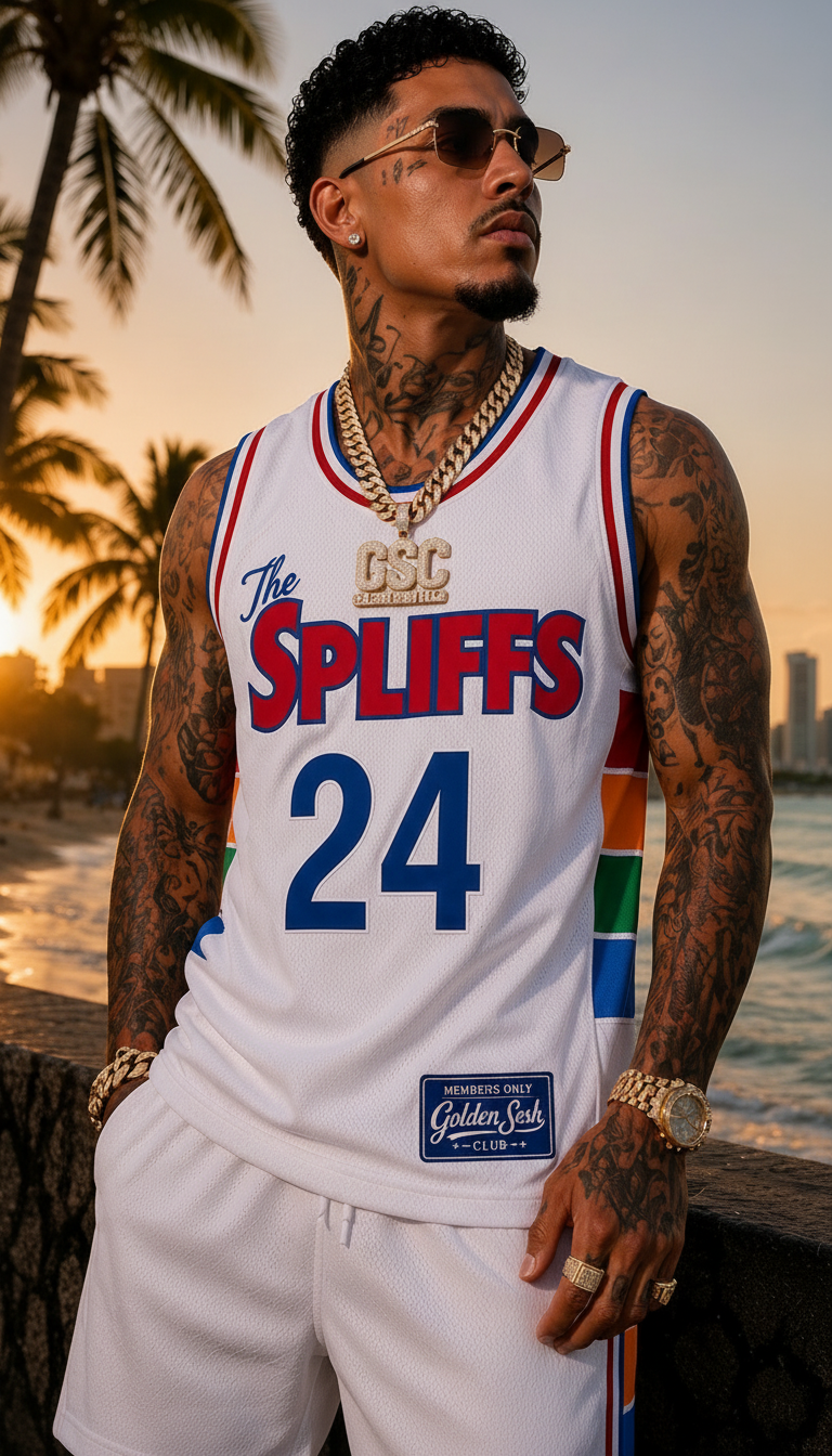 The Spliffs 24 Jersey — White/Red/Blue model front only, Golden Sesh Club Members Only streetwear