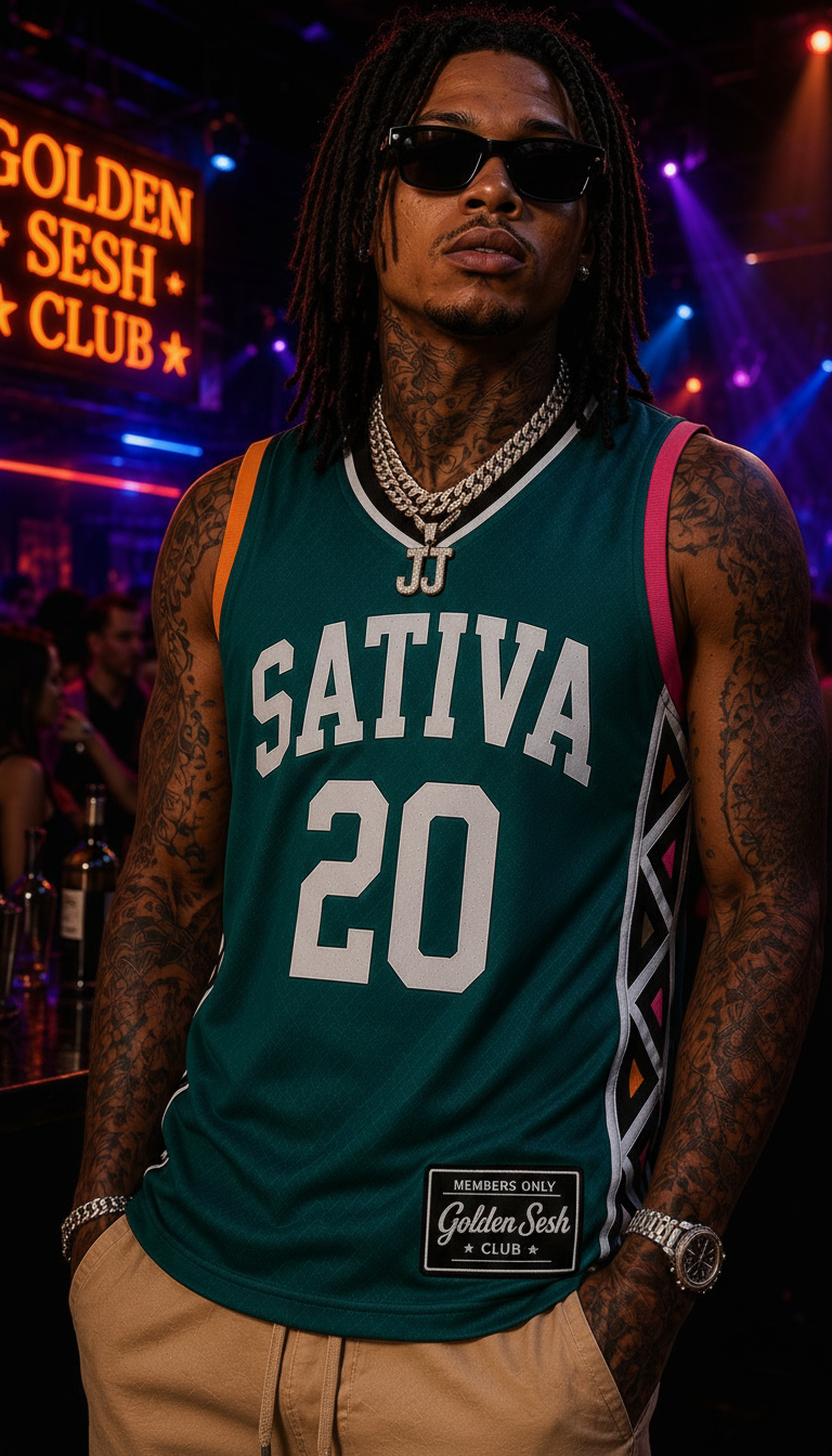 SATIVA 20 Jersey — Teal/Pink/Orange model front only, Golden Sesh Club Members Only streetwear