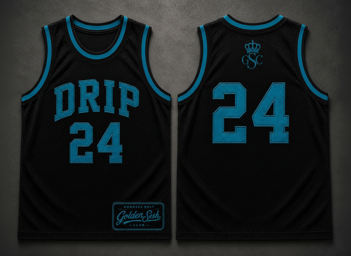 DRIP 24 Jersey Black/Teal - Flat lay with luxury grey background