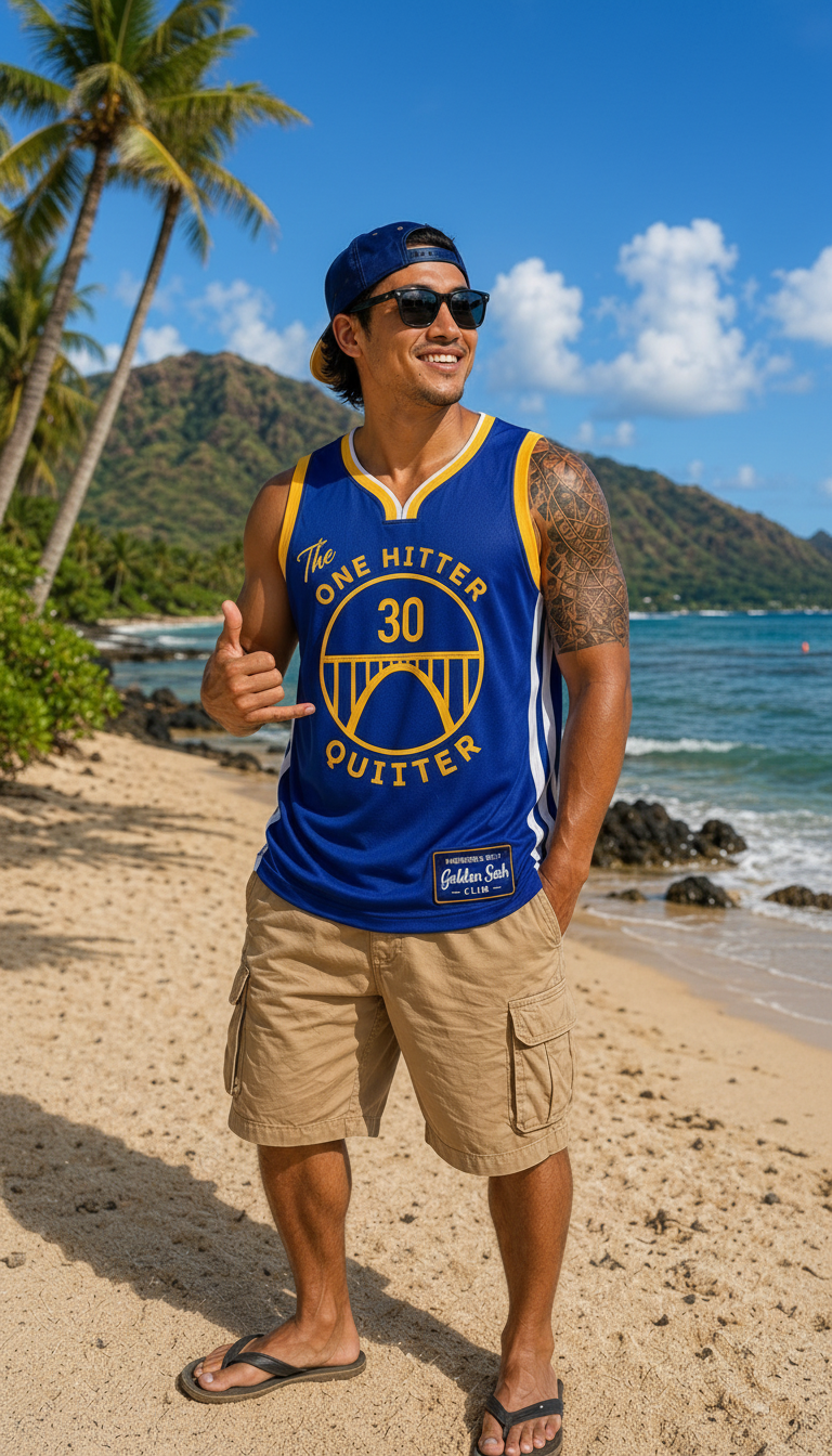 THE ONE HITTER QUITTER 30 Jersey — Front Model Beach Shot