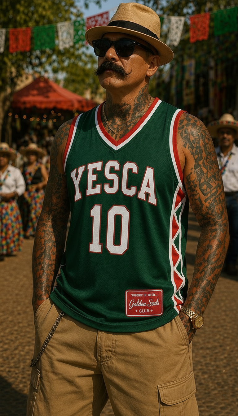 YESCA 10 Jersey — Green/Red/White model red patch front only, Golden Sesh Club Members Only streetwear