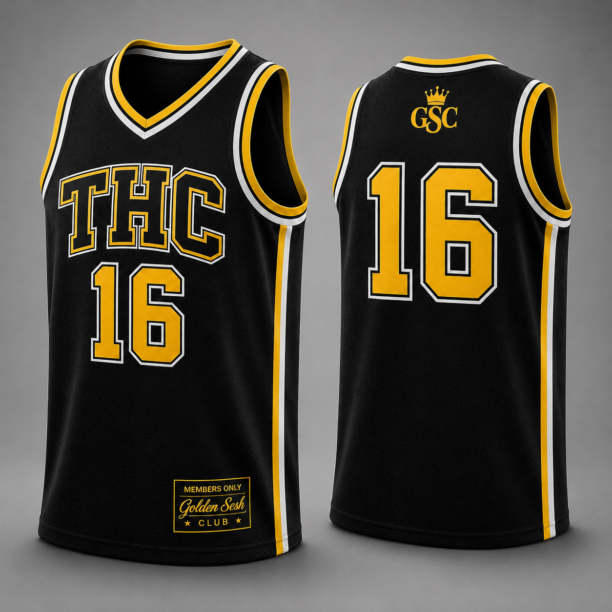 THC 16 Jersey Black Gold White - Front and Back Mockup