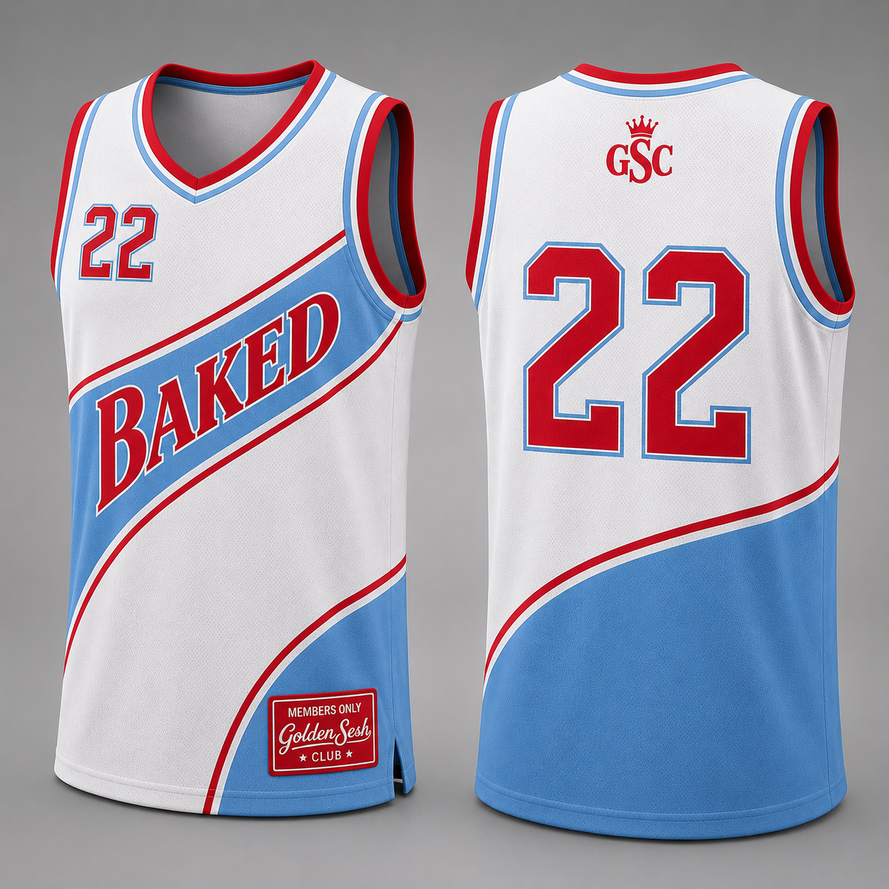 BAKED 22 Jersey — White/Powder Blue/Red flat lay front and back, Golden Sesh Club Members Only streetwear