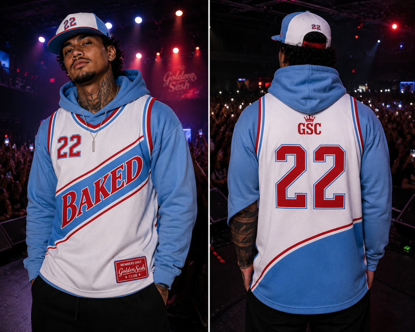 BAKED 22 Jersey — White/Powder Blue/Red model front and back concert, Golden Sesh Club Members Only streetwear