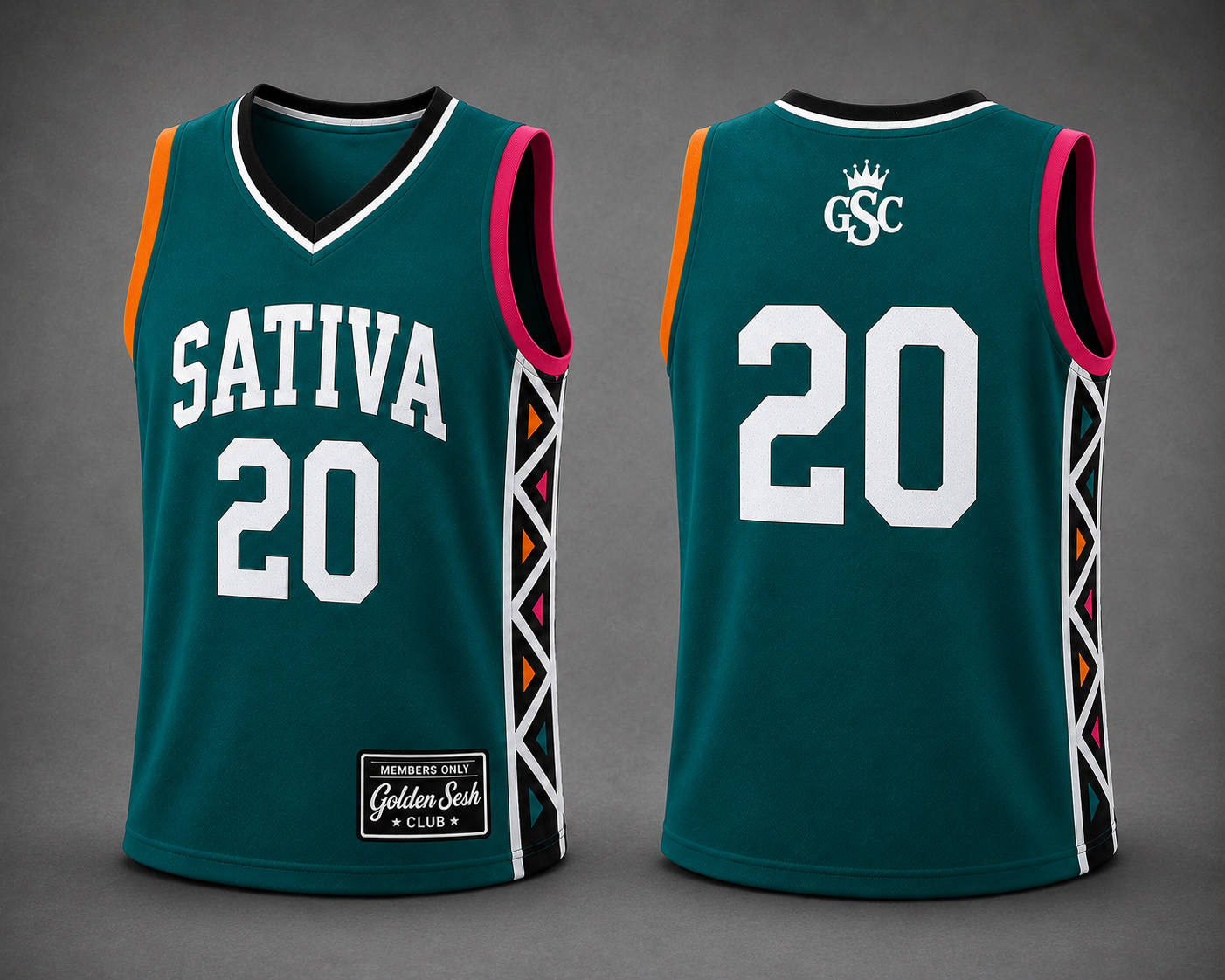 SATIVA 20 Jersey Teal Pink Orange - Front and Back Mockup