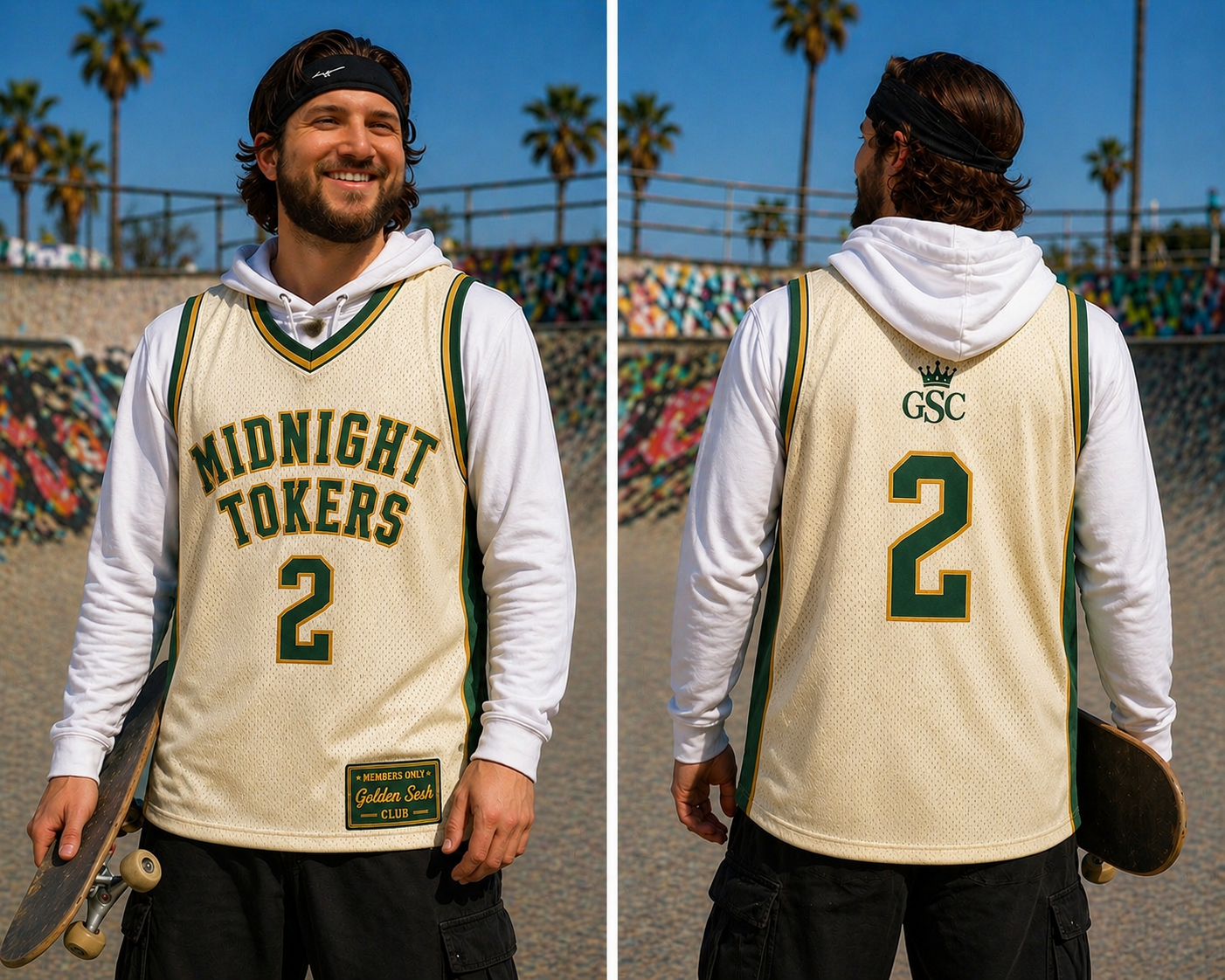 MIDNIGHT TOKERS 2 Jersey — Cream/Green/Gold model front and back skate park, Golden Sesh Club Members Only streetwear