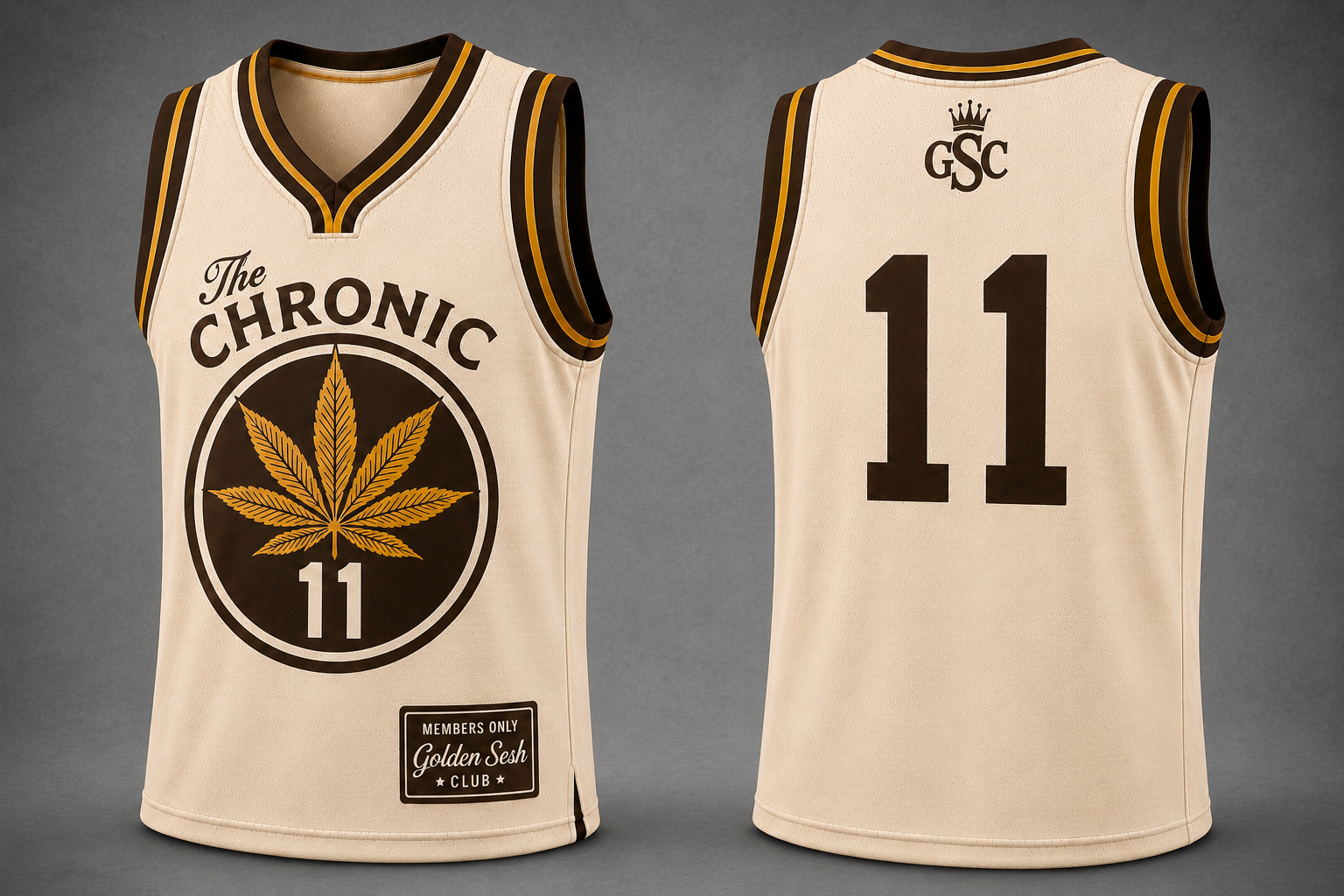 The Chronic 11 Jersey Tan Brown Gold - Front and Back Mockup