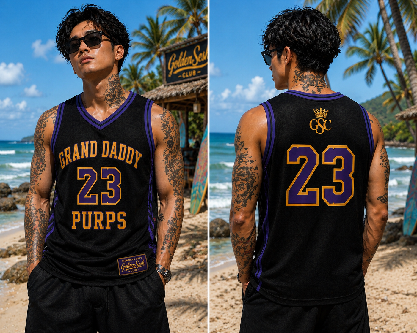 GRAND DADDY PURPS 23 Jersey — Front & Back Model Beach Split