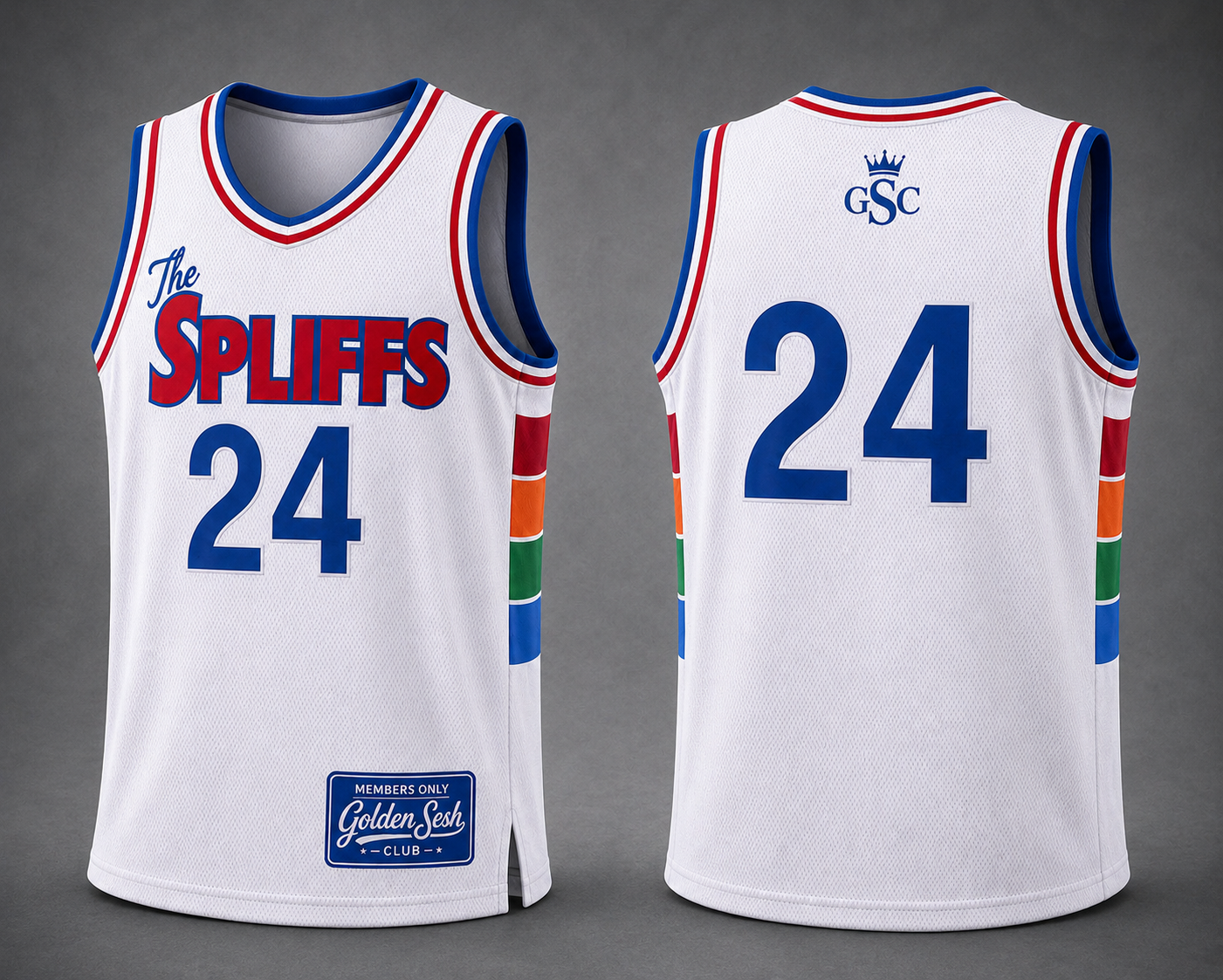 The Spliffs 24 Jersey White Red Blue - Front and Back Mockup