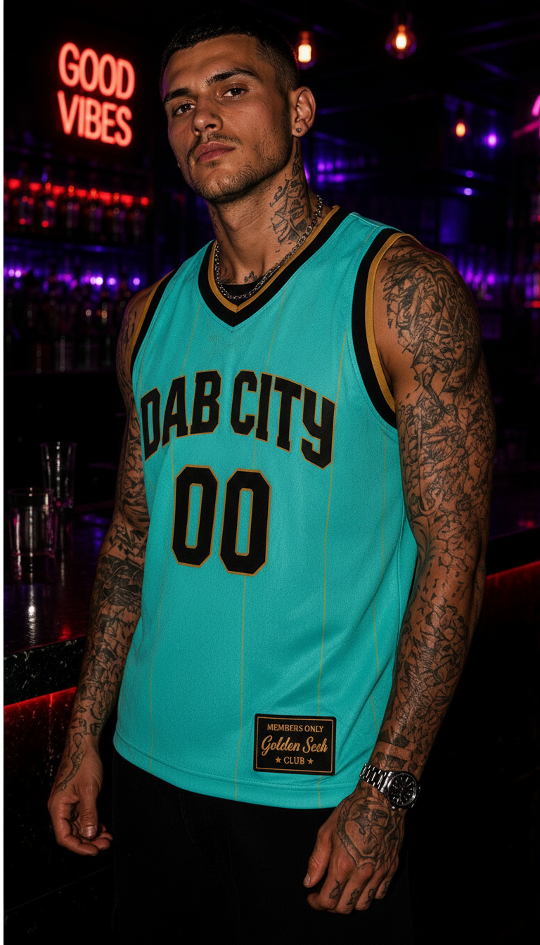 DAB CITY 00 Jersey — Teal/Black/Gold model front only, Golden Sesh Club Members Only streetwear