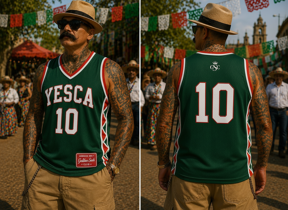 YESCA 10 Jersey — Green/Red/White model red patch front and back, Golden Sesh Club Members Only streetwear