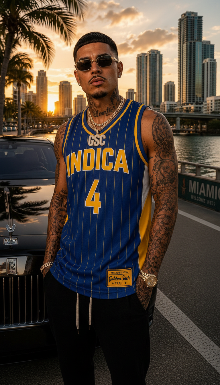INDICA 4 Jersey — Blue/Gold/White model front view no patch, Golden Sesh Club Members Only streetwear