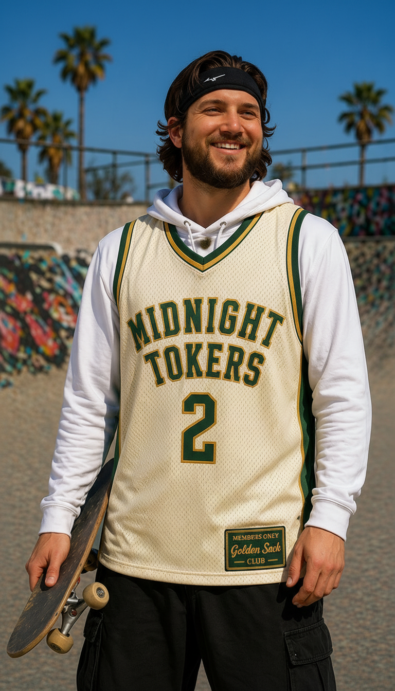 MIDNIGHT TOKERS 2 Jersey — Cream/Green/Gold model front only, Golden Sesh Club Members Only streetwear