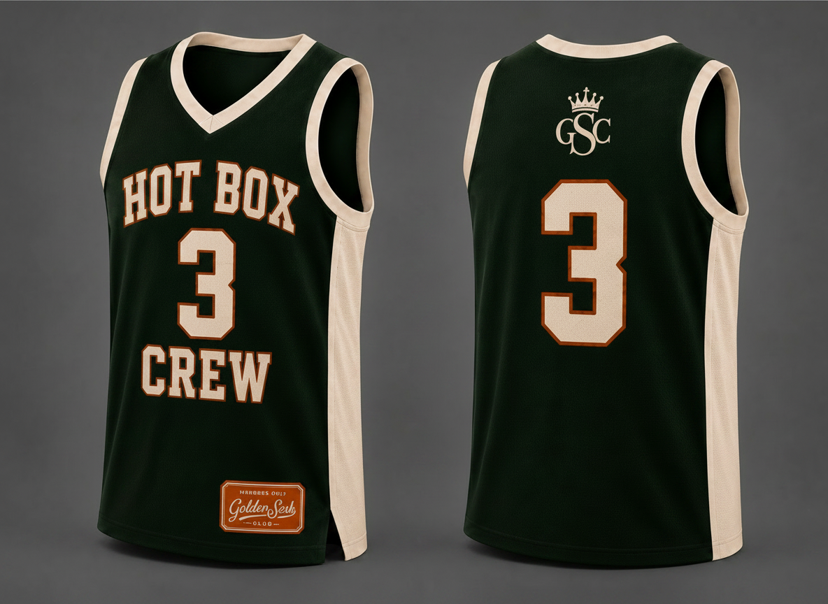HOT BOX CREW 3 Jersey Green/Cream/Orange - Front and Back Flat Lay on Luxury Grey Background