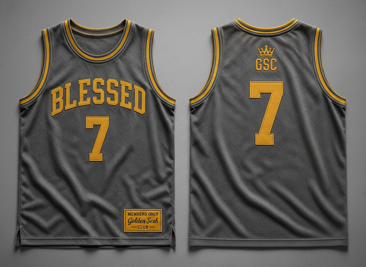 BLESSED 7 Jersey Ash/Gold - Flat lay luxury grey background