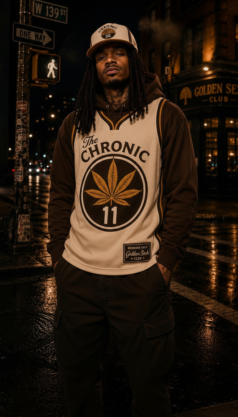 The Chronic 11 Jersey — Tan/Brown/Gold model front only, Golden Sesh Club Members Only streetwear